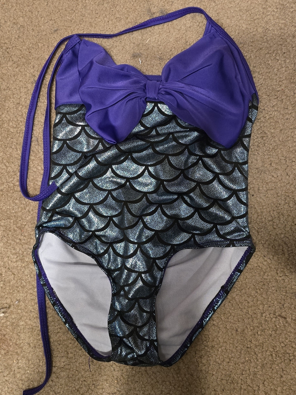 Purple Mermaid-Scale One-Piece Swimsuit for Kids with Bow